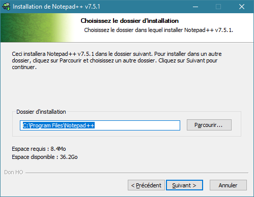 Le choix du dossier d'installation lors de l'installation de Notepad++