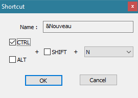 La fenêtre Shortcut, permettant de définir le raccourci clavier d'une fonction